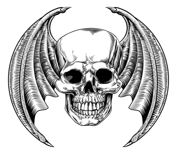 Winged Skull Etching Style — Stock Vector