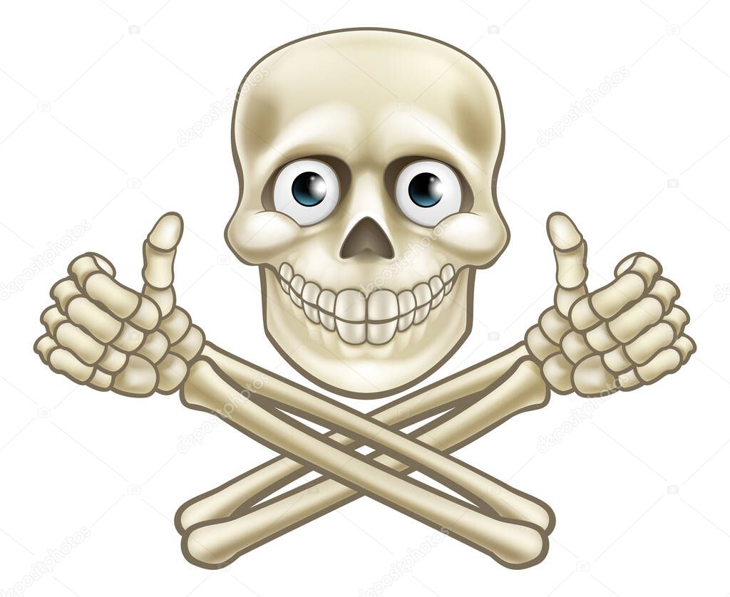 A cartoon Halloween pirate skull and crossbones skeleton character giving a thumbs up illustration