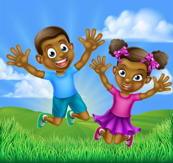 Glückliche Cartoon Black Kids springen — Stockvektor