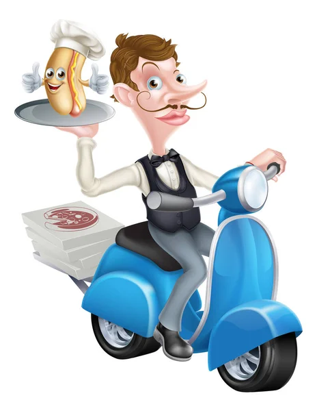 Cartoon ober op scooter mompelde met hotdog — Stockvector