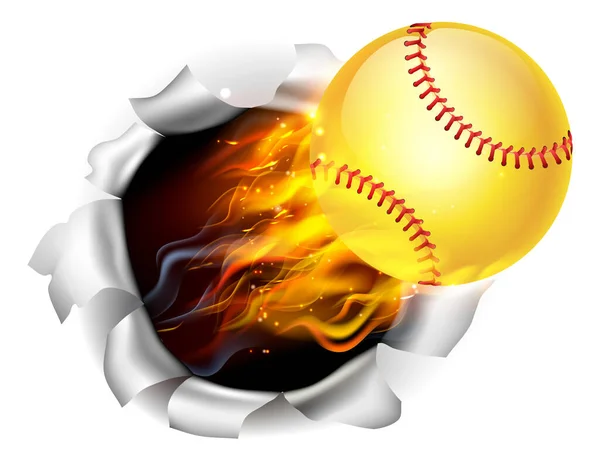 Flaming Softball Ball Tearing a Hole in the Background — Stock Vector
