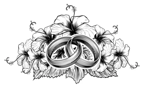 Pierścienie ślubne i kwiaty Hibiscus — Wektor stockowy