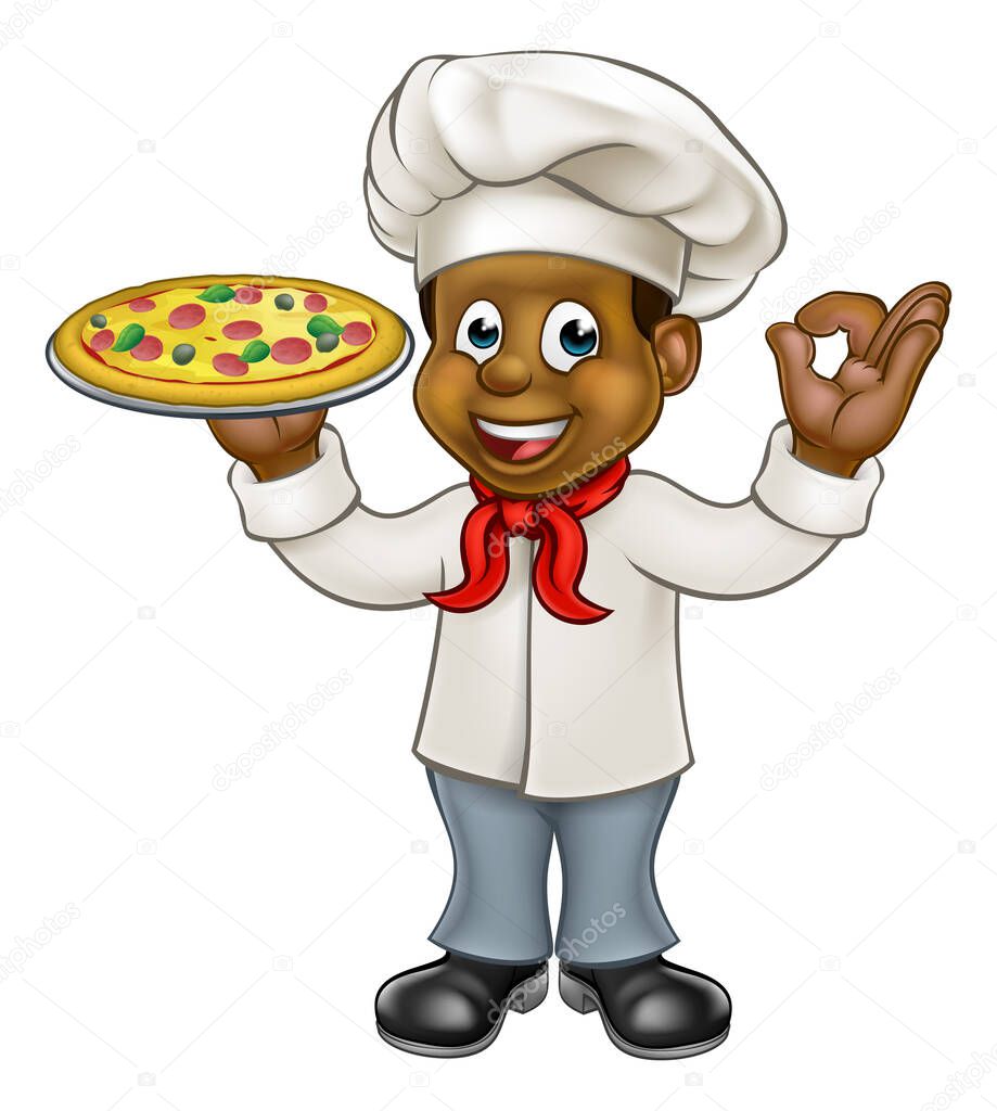 Cartoon black chef character holding a pizza and giving a perfect okay delicious cook gesture