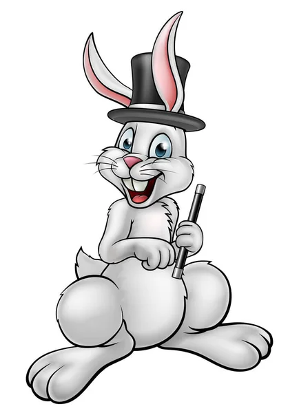 Magicien de lapin avec chapeau et baguette magique — Image vectorielle