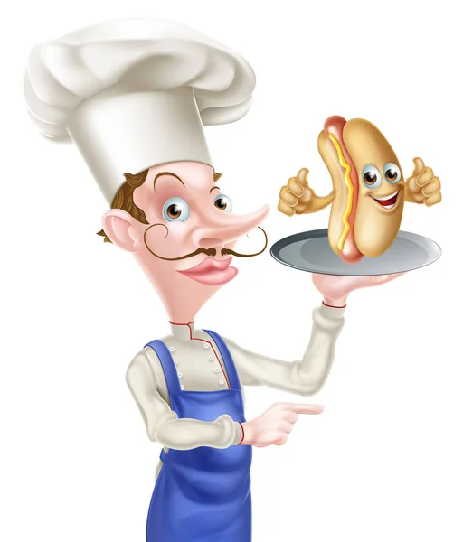 Cartoon Chef Holding Hot Dog Pointing — стоковый вектор