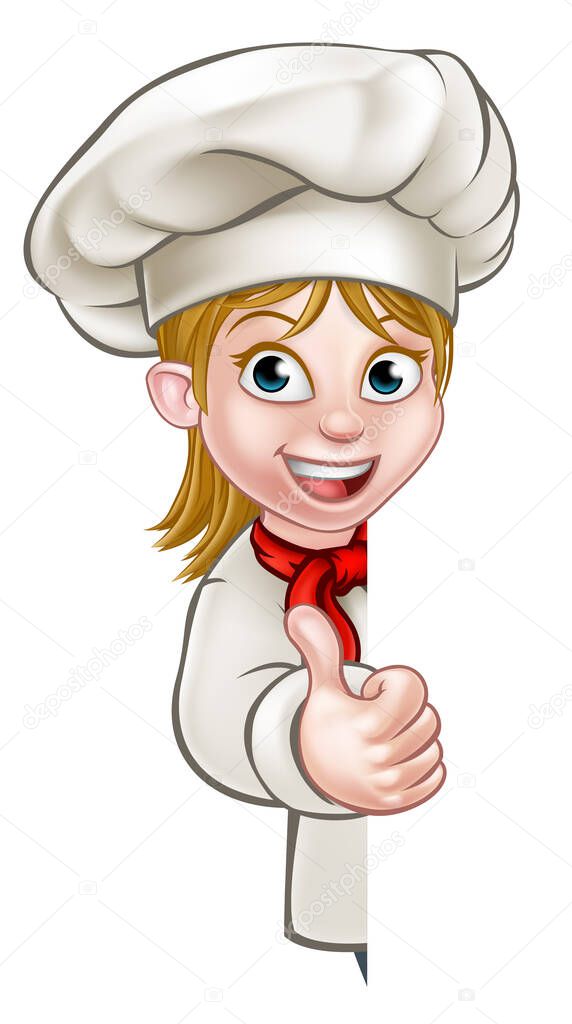 Cartoon chef or baker woman character giving thumbs up and peeking around sign or background