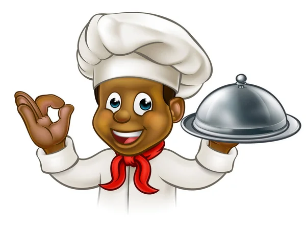 Cartoon zwarte chef-kok Holding Plate of schotel — Stockvector