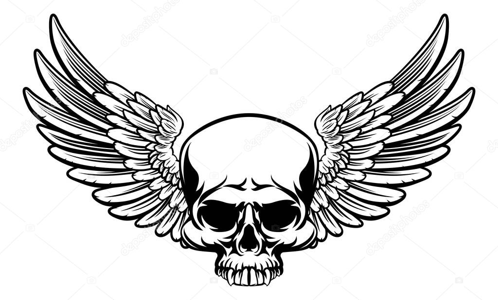 A winged skull drawing in a vintage retro woodcut etched or engraved style