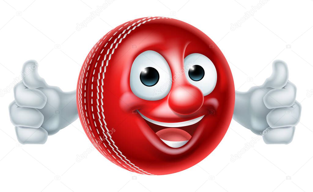 Cricket mascot cartoon cricket ball man character doing a double thumbs up
