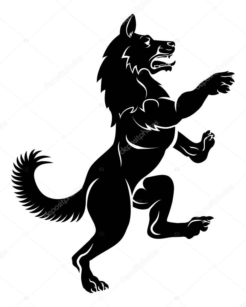 A pet dog or wolf animal in a rampant heraldic coat of arms pose standing on hind legs