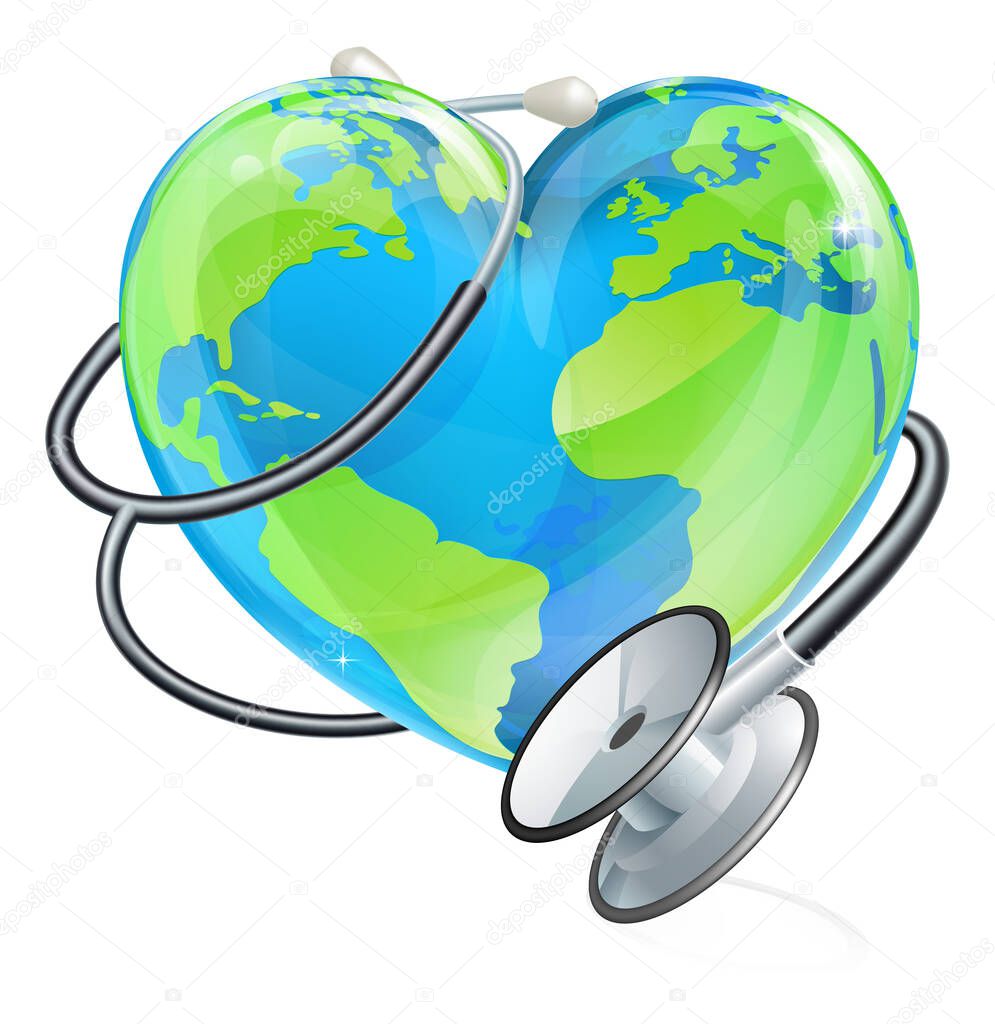 Conceptual illustration of an earth heart world globe with a stethoscope wrapped around it.