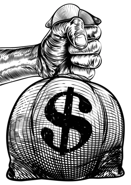 Ruka drží dolar znamení Burlap pytel peněz — Stockový vektor