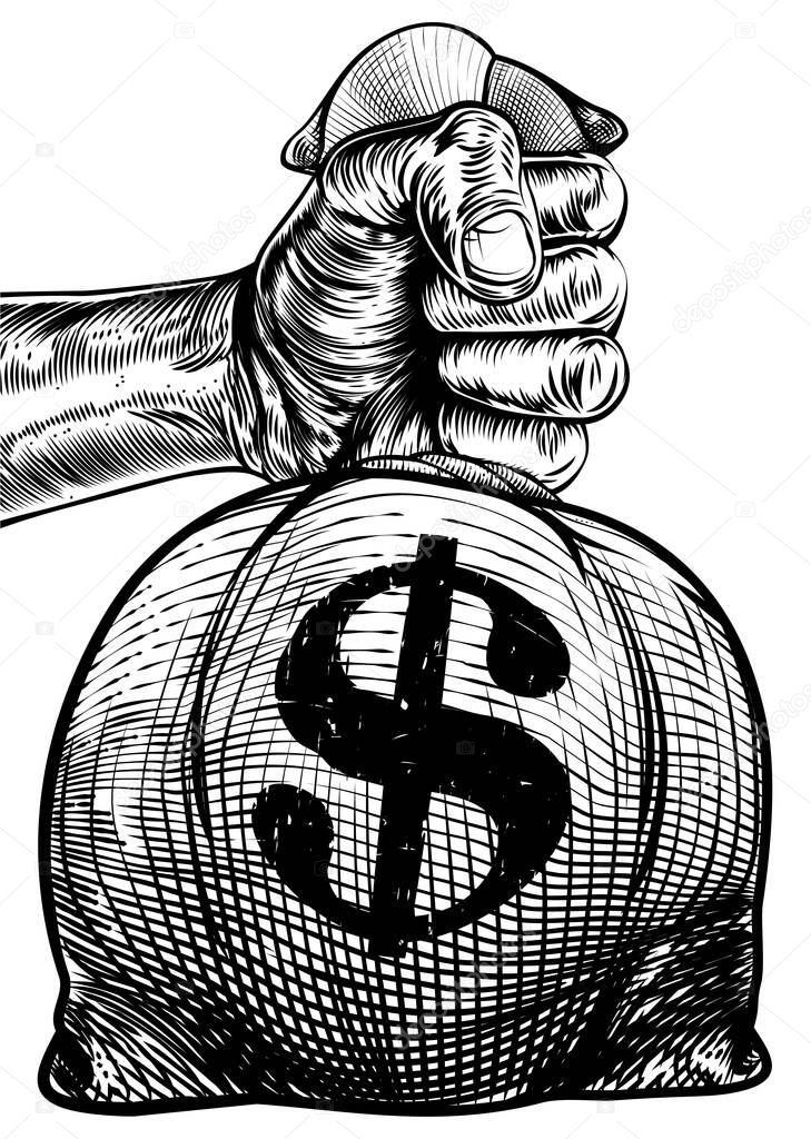 Hand holding a burlap sack or money bag in an etched or engraved wood cut vintage retro style with a dollar sign
