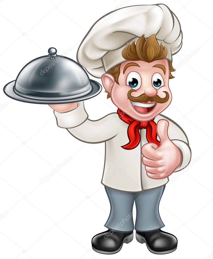 Cartoon chef or baker holding a silver cloche food meal plate platter and giving thumbs up