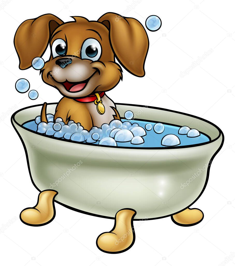 A cartoon dog having a bath with lots of bubbles
