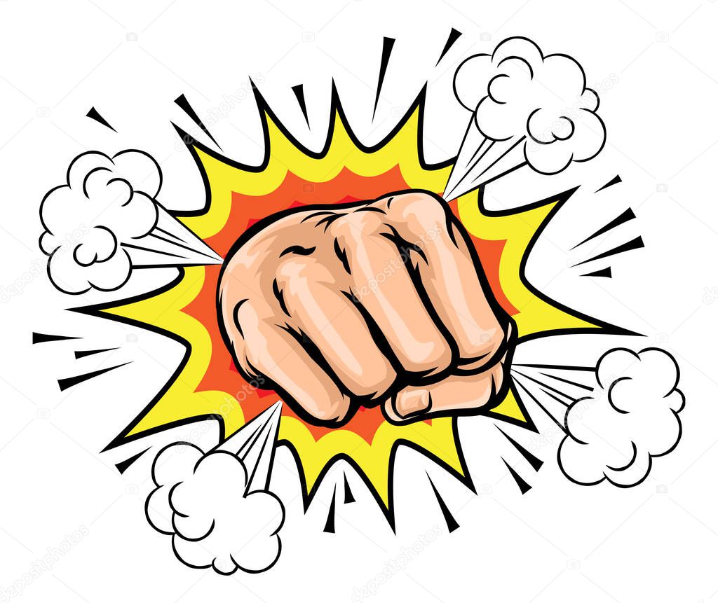 Cartoon fist hand with a comic book explosion