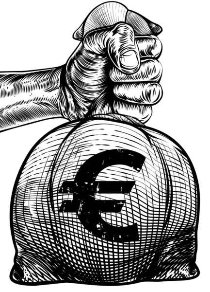 Ręczne trzymanie worka na pieniądze Euro Sign Burlap — Wektor stockowy