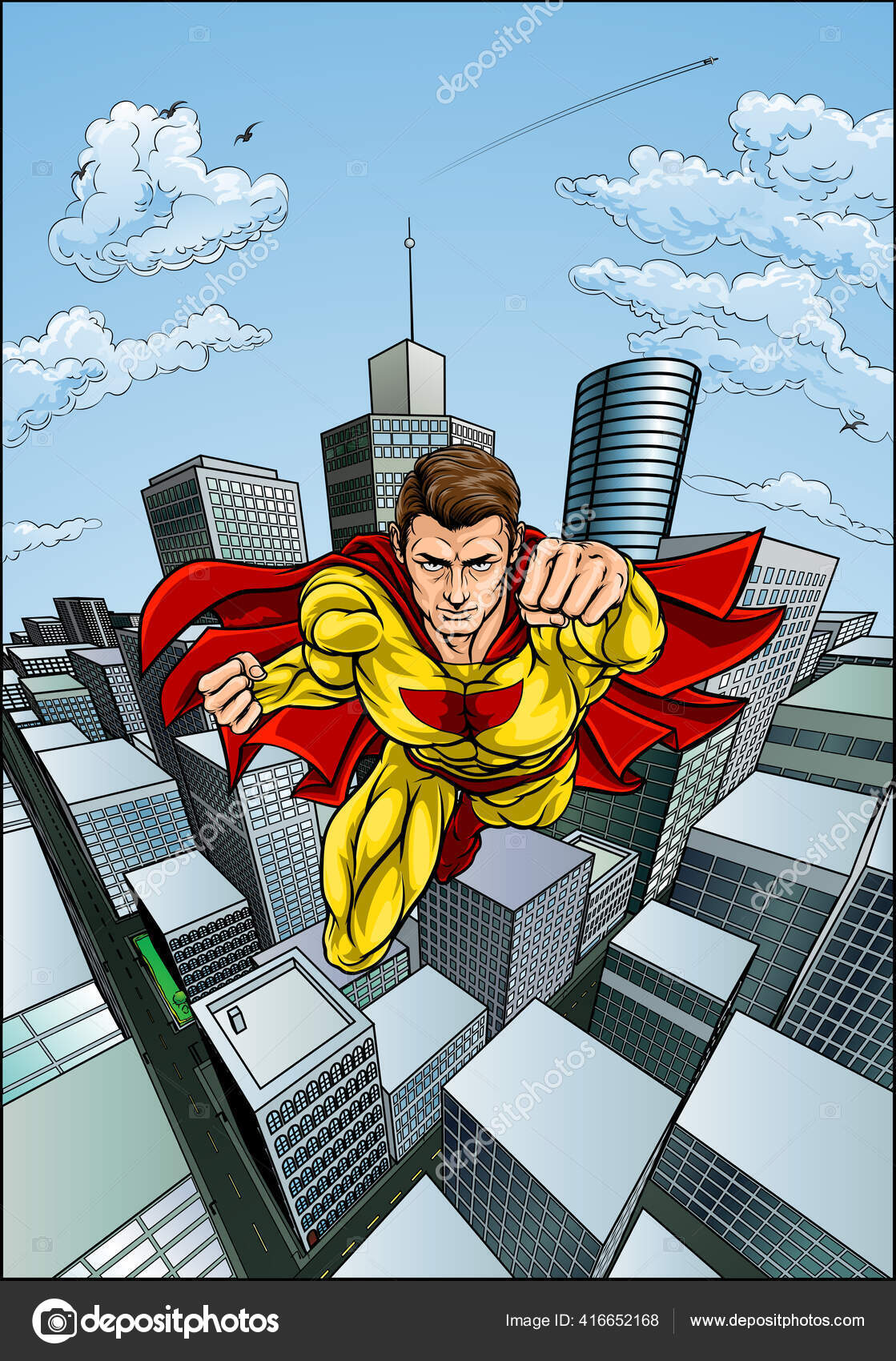 Volando Caped escena de la ciudad de superhéroes Vector de stock #416652168  de ©Krisdog, image size:1119x1700