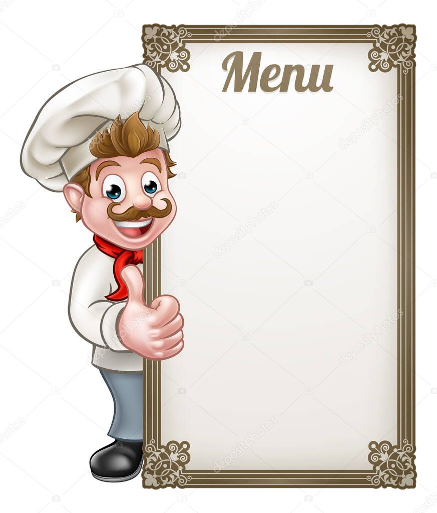 Cartoon chef or baker character giving thumbs up with menu sign board