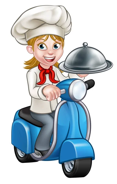 Cartoon žena dodání moped kuchař — Stockový vektor