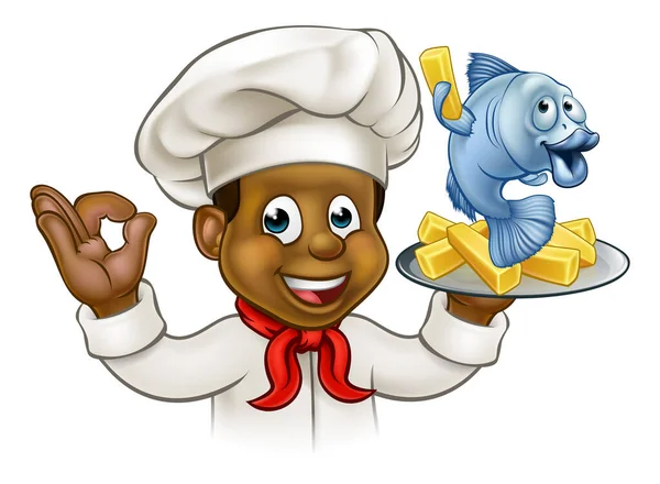 Peixe dos desenhos animados e Chips Chef —  Vetores de Stock