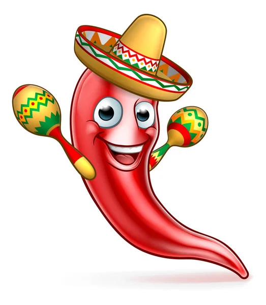 Pimenta de pimenta mexicana com Maracas e Sombrero —  Vetores de Stock