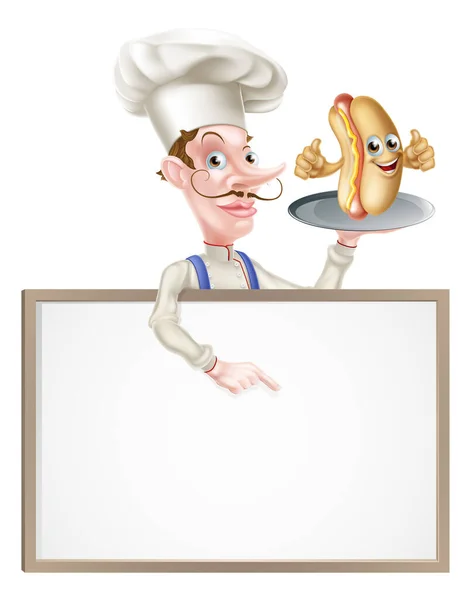 Hotdog Cartoon Chef Signboard — Stock Vector