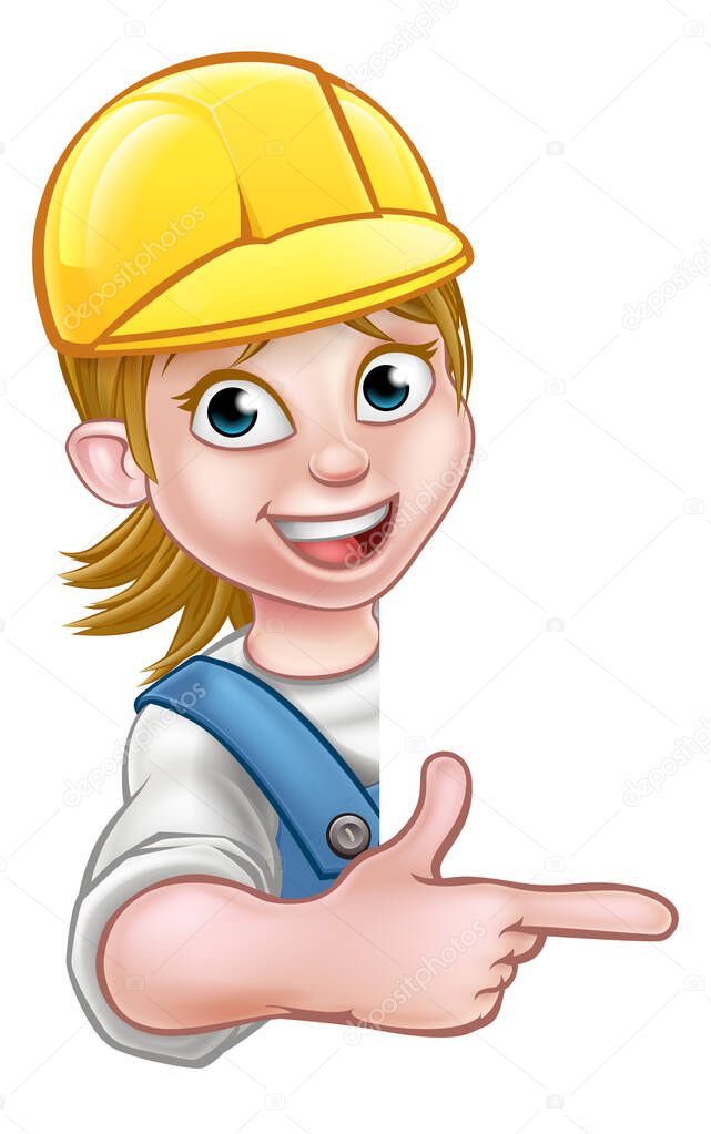 Cartoon woman handyman, builder, mechanic, carpenter, electrician or plumber character in hard hat pointing