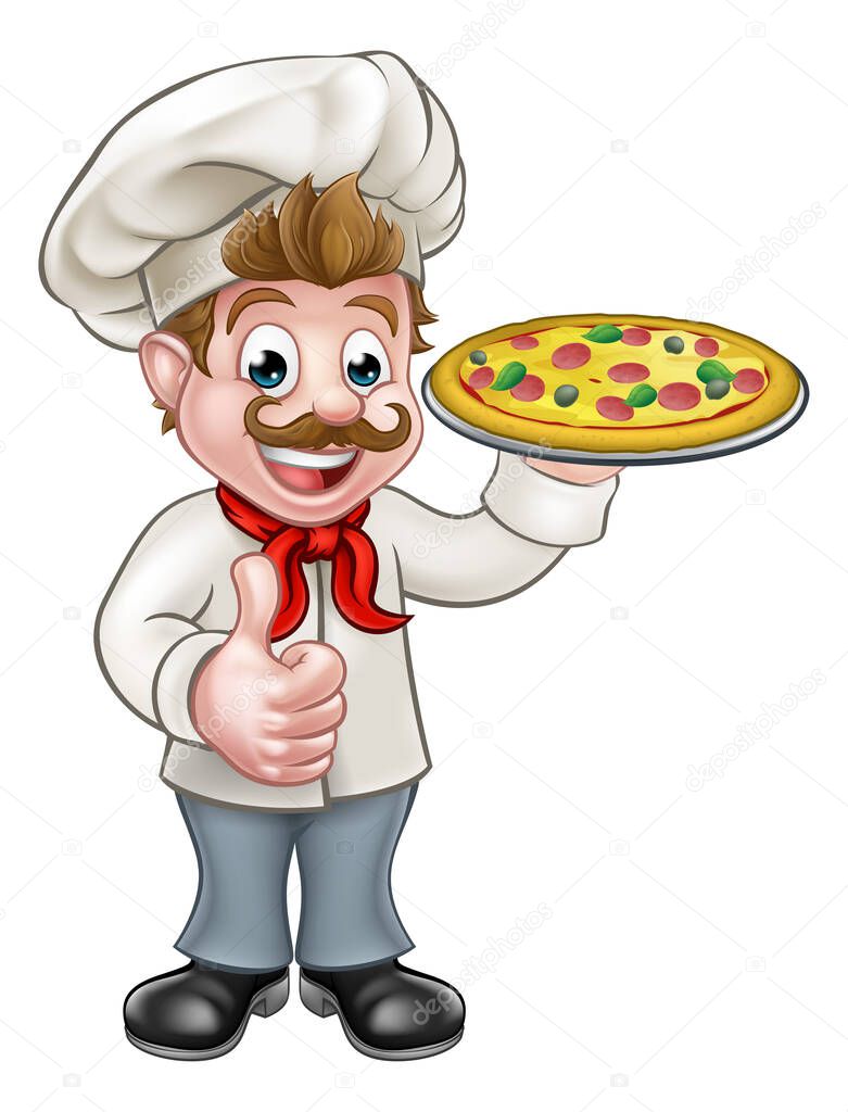 Cartoon chef cook character holding pizza and giving a thumbs up
