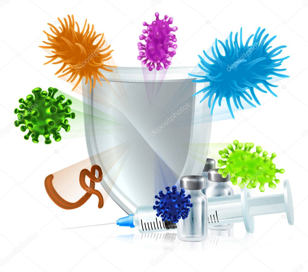 Injection syringe and vaccine or medicine protective shield conceptual medical illustration
