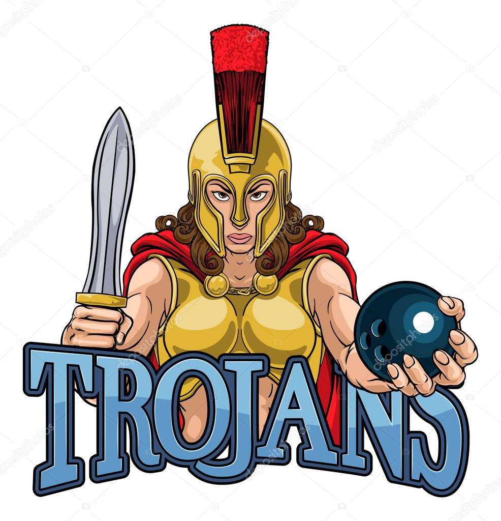 A Spartan or Trojan female gladiator warrior woman ten pin bowling sports mascot