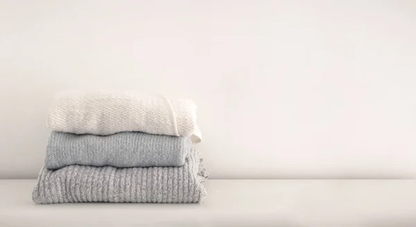 Stack Neatly Folded White Grey Blue Tone Woolen Knitwear Minimal — Stock Photo, Image