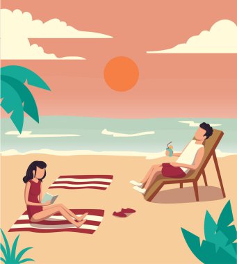 İnsanlar palmiye ağaçları altında plajda tatillerini geçirmek. Vektör çizim.
