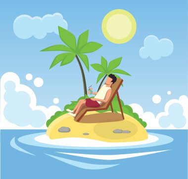 Kavramsal kompozisyon. Bir adam üstünde a çöl ada dinleniyor. Vektör grafikleri.