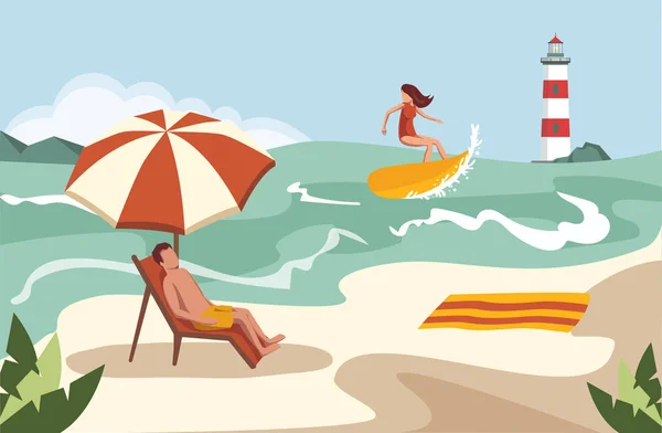 Mensen Doorbrengen Hun Vakantie Het Strand Onder Palmbomen Vectorillustratie Stockillustratie