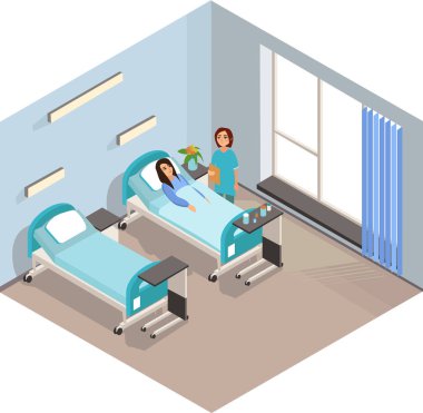 Doktorlar resepsiyonda hastadır. Vektör çizim.