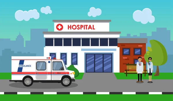 Ambulancia Frente Hospital Ilustración Vectorial — Vector de stock