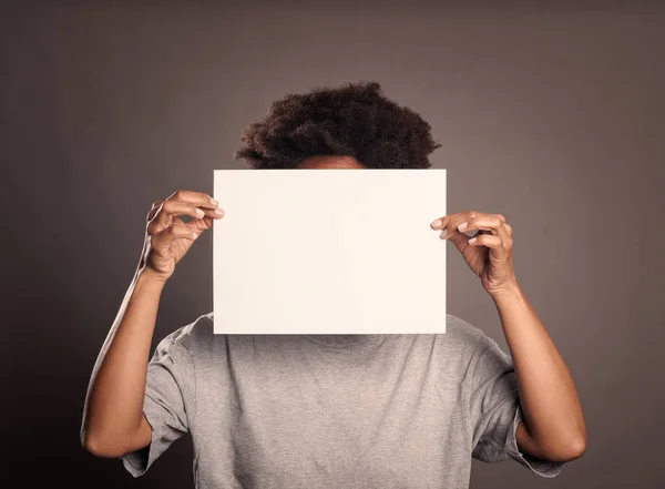 Black Woman Holding Empty Banner Front Her Face — Stock Photo, Image