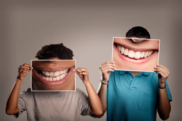 Happy Couple Holding Picture Mouth Smiling Gray Background — Stock Photo, Image