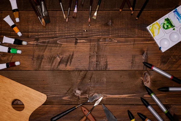 Painting Tools Wooden Background — Stock Photo, Image