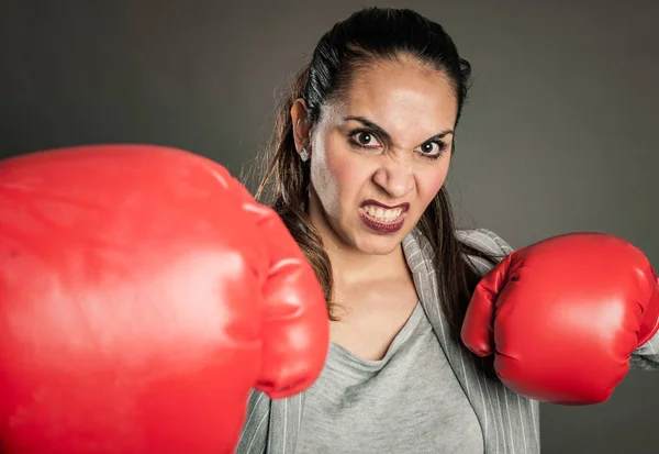 Businesswoman Wearing Red Boxing Gloves — Stock Photo, Image