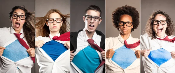 Grupo Personas Abriendo Camisa Como Superhéroes — Foto de Stock