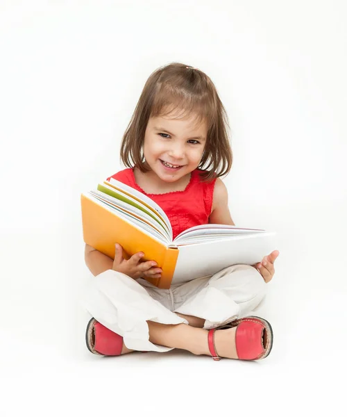 Little Girl Reading Book Isolated White Background Stock Picture