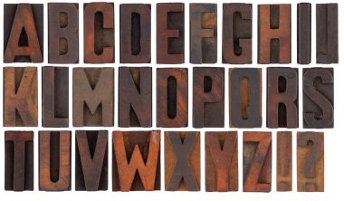 Tahta vintageletterpress baskı bloklarında tam alfabe