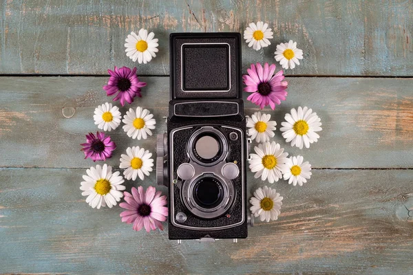 old camera with flowers in blue wooden background