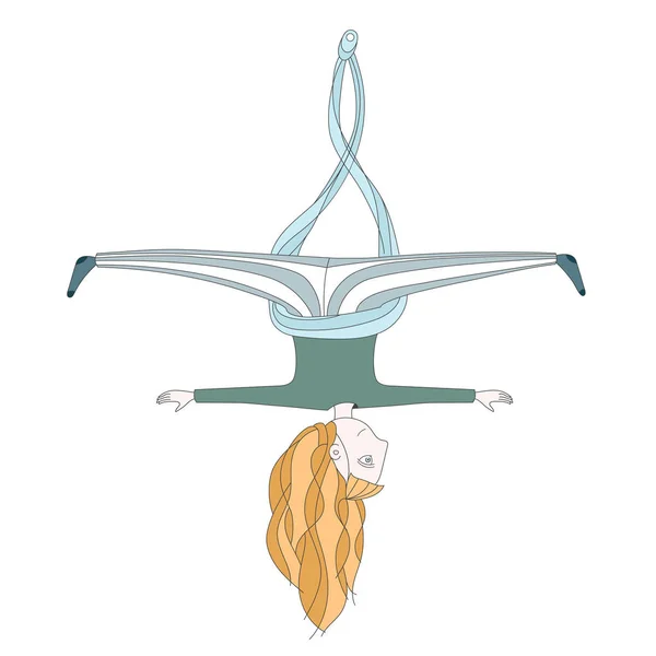 Illustration eines netten Mädchens beim Luftyoga. Fliegendes Yoga — Stockvektor
