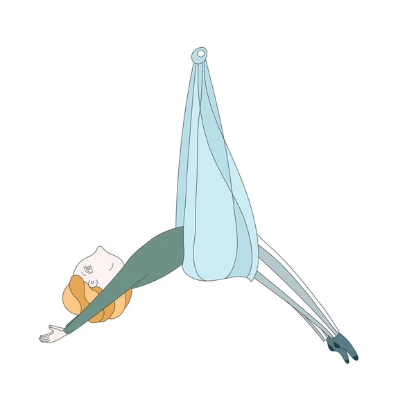 Illustration eines netten Mädchens beim Luftyoga. Fliegendes Yoga — Stockvektor