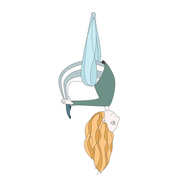 Illustration av en söt tjej som gör aerial yoga. flygande yoga — Stock vektor