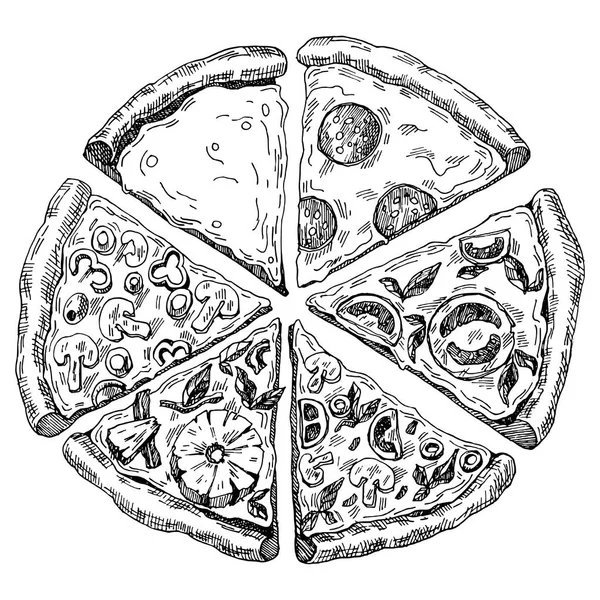 Ručně tažené ilustrace pizzy. šest kusů — Stockový vektor