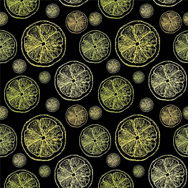 Lemon pattern. Hand painted yellow and green slices of lemon on black, seamless background